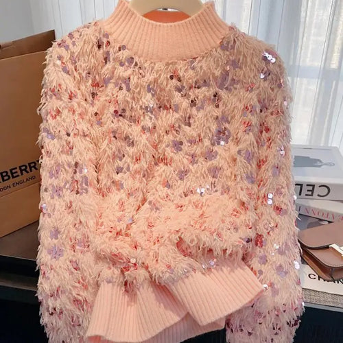 Load image into Gallery viewer, Autumn Winter Sweet Pink Sequins Elegant Round Neck Pullover Short Sweater Women's 2024 New Beige Long Sleeved Loose Knitted Top
