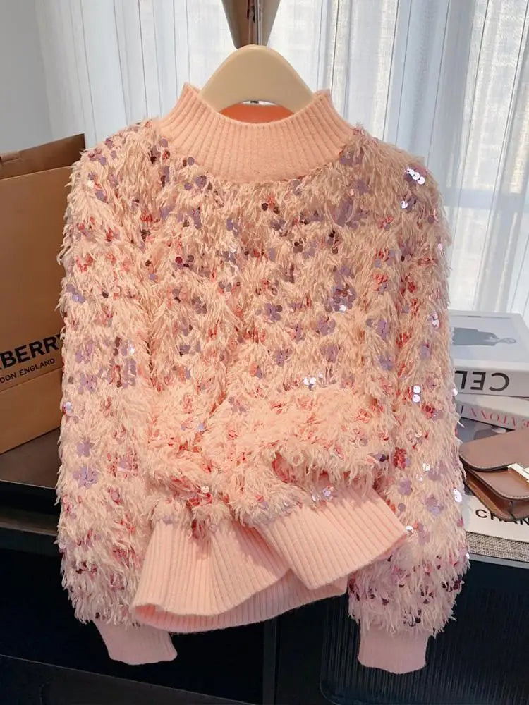 Autumn Winter Sweet Pink Sequins Elegant Round Neck Pullover Short Sweater Women's 2024 New Beige Long Sleeved Loose Knitted Top