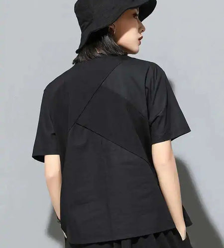 Women Black Hollow Out Spliced Casual Big Size T-shirt New Round Neck Short Sleeve Fashion Tide Spring Summer 2025 1DF4780