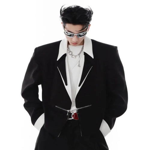 Load image into Gallery viewer, Short Men&#39;s Blazers Contrast Color Lapel Shoulder Pad Suit Jacket 2024 New Metal Zipper Niche Design Streetwear 9A6807
