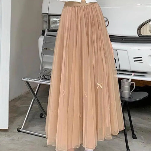 Load image into Gallery viewer, Women Solid Sweet Long Skirt 2023 New Korean Fashion Bow Elegant A Line Elastic High Waist Party Pleated Mesh Skirt Female Retro
