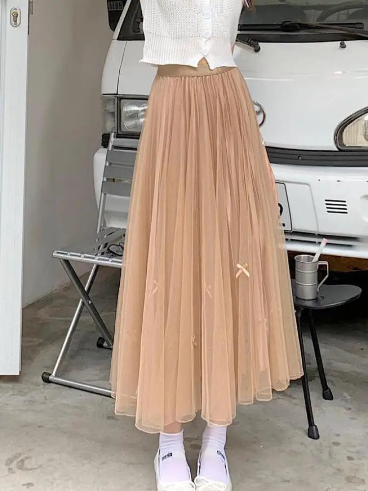 Women Solid Sweet Long Skirt 2023 New Korean Fashion Bow Elegant A Line Elastic High Waist Party Pleated Mesh Skirt Female Retro