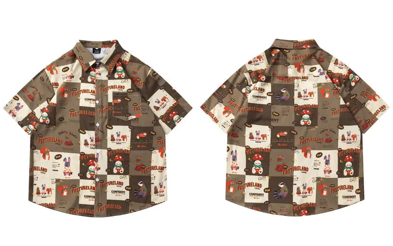 Summer Harajuku Shirts Harajuku Cartoon Graphic Printed Button Up Beach Blouse Streetwear Men Casual Baggy Short Sleeve Tops