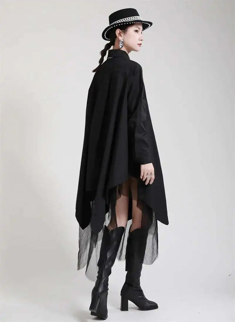 Women Black Irregular Hem Big Size Shirt Dress New Lapel Long Sleeve Loose Fit Fashion Tide Spring Autumn 2025 1DE2485