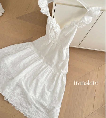 French White Flower Lace Backless Vacation Long Dress Summer Sexy V-neck High Waist Party Elegant Sleeveless Ruffles Dress Women