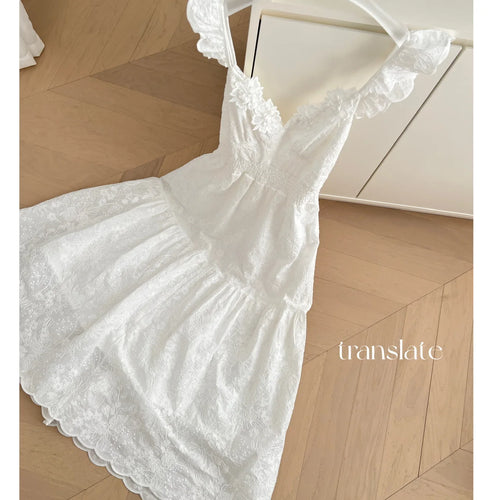 Load image into Gallery viewer, French White Flower Lace Backless Vacation Long Dress Summer Sexy V-neck High Waist Party Elegant Sleeveless Ruffles Dress Women
