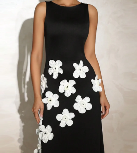 Slimming Spliced 3D Flower Temperament Dresses for Women Round Neck Sleeveless High Wasit Dress Female Clothing New