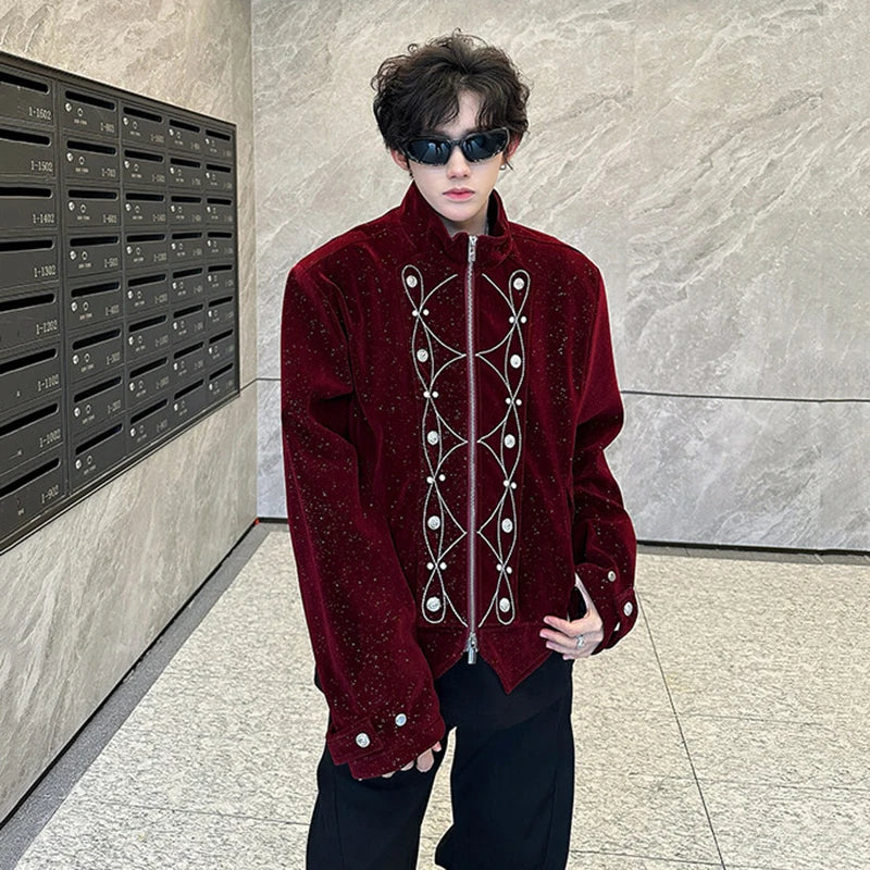 Men's Jackets New Korean Style Embroidery Nail Bead Flash Zipper Stylish Stand Handsome Male Spring Tops 2025 9W1936