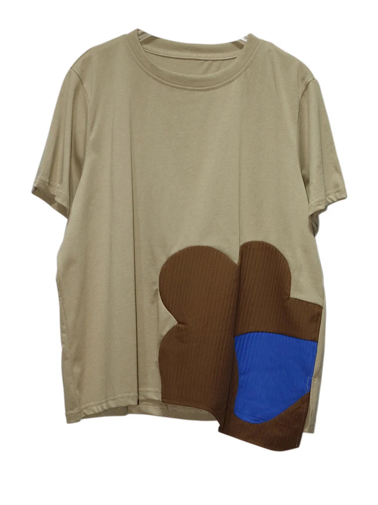 Women Black Color-block Irregular Big Size T-shirt New Round Neck Shorr Sleeve Fashion Tide Spring Summer 2025 1DJ0562