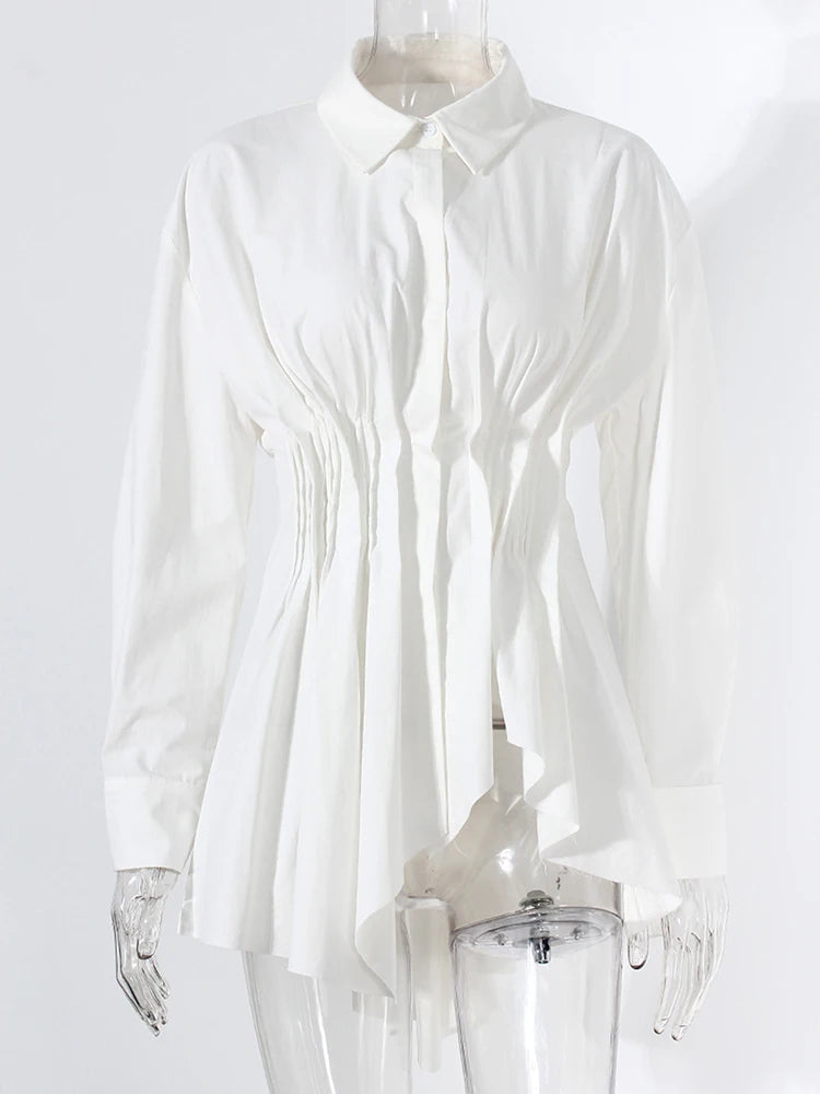 Women White Irregular Hem Pleated Elegant Blouse New Lapel Long Sleeve Shirt Fashion Tide Spring Autumn 2025 7AB3817