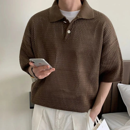 Load image into Gallery viewer, Simple Loose Men&#39;s T-shirts Knitting Casual Solid Color Lapel Short Sleeve Hollow Out Tops Summer Simple 9C6071
