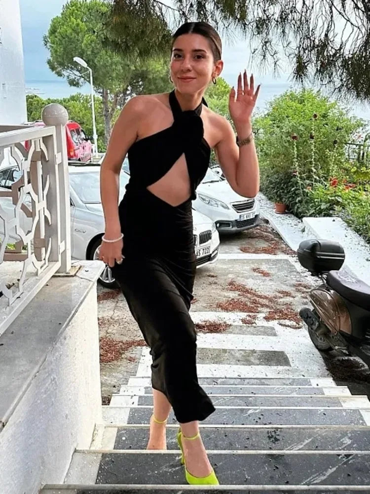 Sexy 3D Flower Hollow Out Backless Women's Dress Zipper Female Sleeveless Bodycon Maxi Dress Party Club Evening Dress