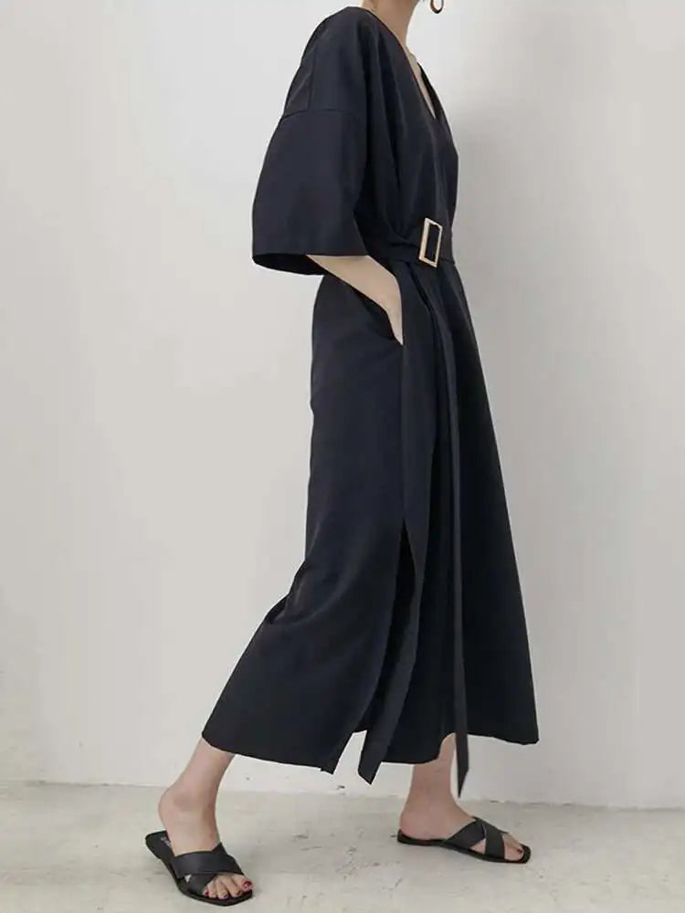 Women Black Brief Belted Elegant Big Size Dress New V-Neck Three-quarter Sleeve Fashion Tide Spring Autumn 2025 1DH6206