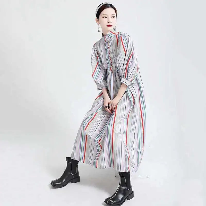 Women Striped Spliced Long Shirt Dress New Stand Collar Three-quarter Sleeve Loose Fit Fashion Spring Autumn 2025 1DE0219