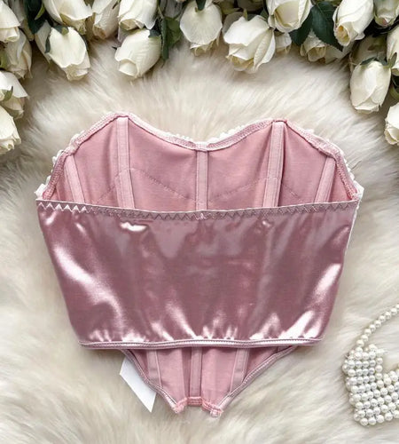 New Sweet Pink White Patchwork Sexy Backless Bow Strapless Backless Irregular Short Tops Women Summer Sleeveless Fashion Clothes