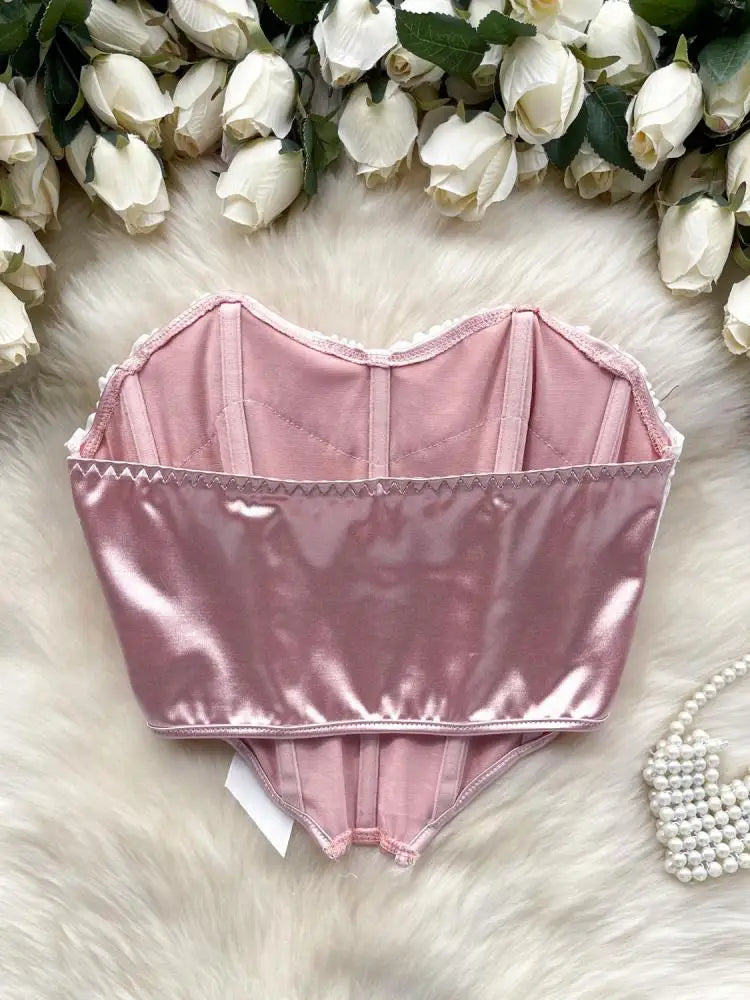 New Sweet Pink White Patchwork Sexy Backless Bow Strapless Backless Irregular Short Tops Women Summer Sleeveless Fashion Clothes
