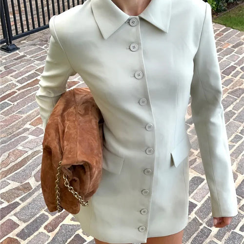 Load image into Gallery viewer, Long Sleeve Lapel Sexy Mini Dress For Women Solid Single-breasted Two Pocket High Waist Office Lady Blazer Dress
