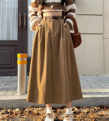 Korean Women's Brown Skirt 2023 Autumn Winter Black High-waisted Corduroy Long Skirt Ladies College Style Pleated A-line Skirts