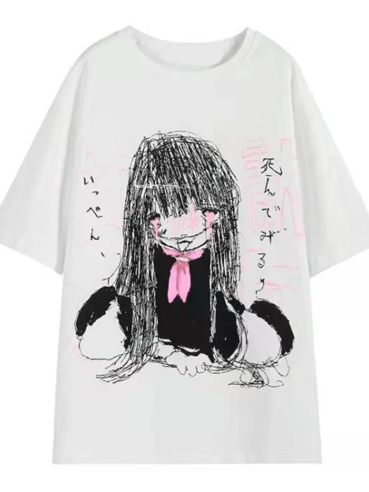 Kawaii Cute Japanese Loose Cartoon Print T-shirt Casual O Neck 2025 Summer Tops Women Short Sleeve Y2k Aesthetic All Match Tees