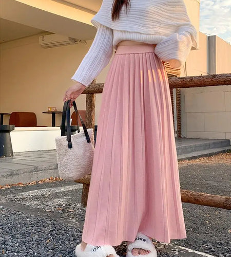 French Women Black White Elegant Knitted Long Skirt Pink High Waist Party Wrap Hip Pleated Skirts 2024 Autumn Winter Simplicity