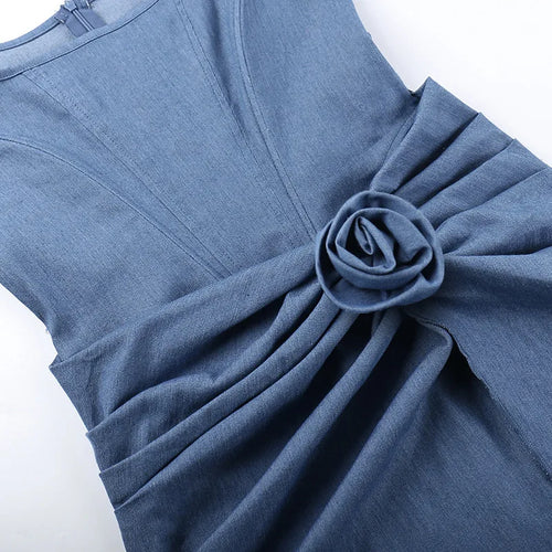 Load image into Gallery viewer, Flower Denim Mini Dress For Women Fashion Strapless Backless Ruched Dresses Femme Sleeveless Skinny Sexy Dress
