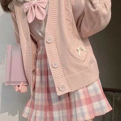 Load image into Gallery viewer, Japanese Kawaii Knitted Cardigan Women Heart Bow Pockets Cute Sweater Coat JK Girl Sweet Loose V-neck Kardigan Damski
