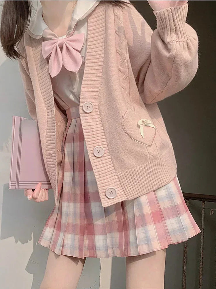 Japanese Kawaii Knitted Cardigan Women Heart Bow Pockets Cute Sweater Coat JK Girl Sweet Loose V-neck Kardigan Damski