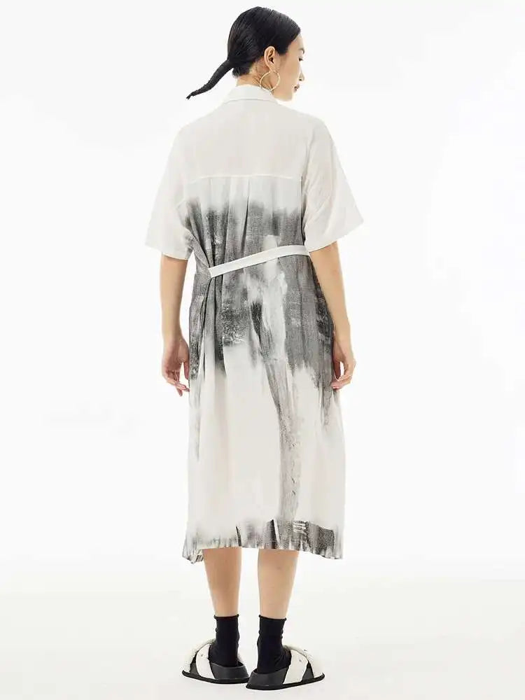 Women Green Pattern Printed Belted Big Size Shirt Dress New Lapel Short Sleeve Fashion Tide Spring Summer 2025  1DH5759