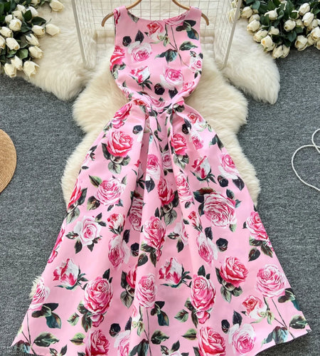 Women White Pink Flower Elegant Vest Long Dress 2025 Summer New Retro Sleeveless Fashion High Waist Pleated Dress Bohemian Trend