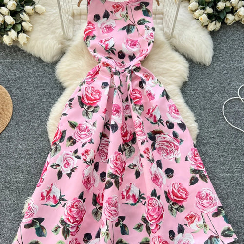 Load image into Gallery viewer, Women White Pink Flower Elegant Vest Long Dress 2025 Summer New Retro Sleeveless Fashion High Waist Pleated Dress Bohemian Trend
