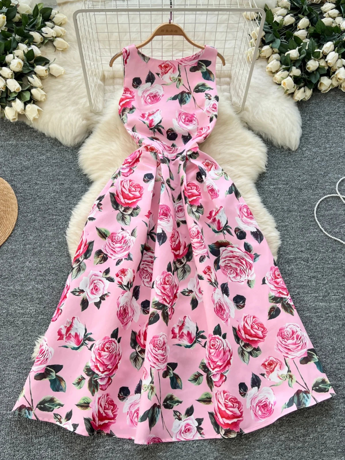 Women White Pink Flower Elegant Vest Long Dress 2025 Summer New Retro Sleeveless Fashion High Waist Pleated Dress Bohemian Trend