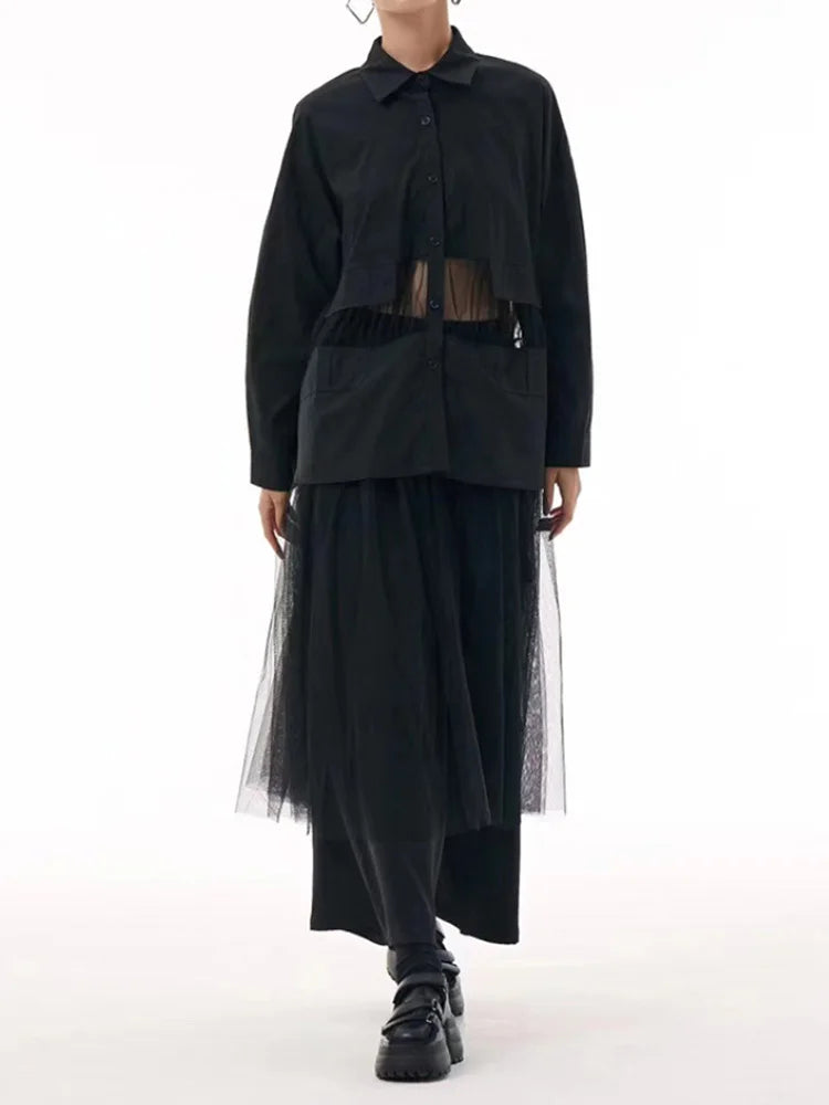 Women Black Mesh Perspective Big Size Midi Shirt Dress New Lapel Long Sleeve Fashion Tide Spring Autumn 2025 1DJ0140