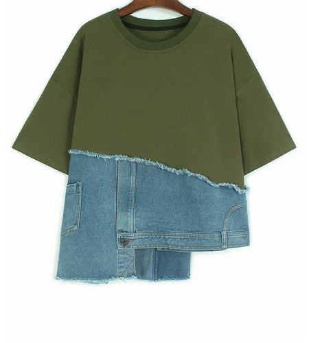 Women Green Denim Spliced Irregular Big Size T-shirt New Round Neck Short Sleeve Fashion Tide Spring Summer 2025 1DJ1175