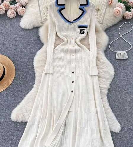 Korean Women's Patchwork Elegant Embroidery Slim Long Sleeved Festival Dress Spring Single Breasted Office Lady Knitted Dresses