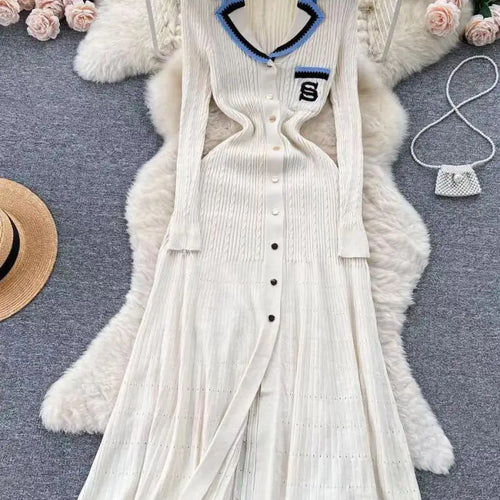 Load image into Gallery viewer, Korean Women's Patchwork Elegant Embroidery Slim Long Sleeved Festival Dress Spring Single Breasted Office Lady Knitted Dresses
