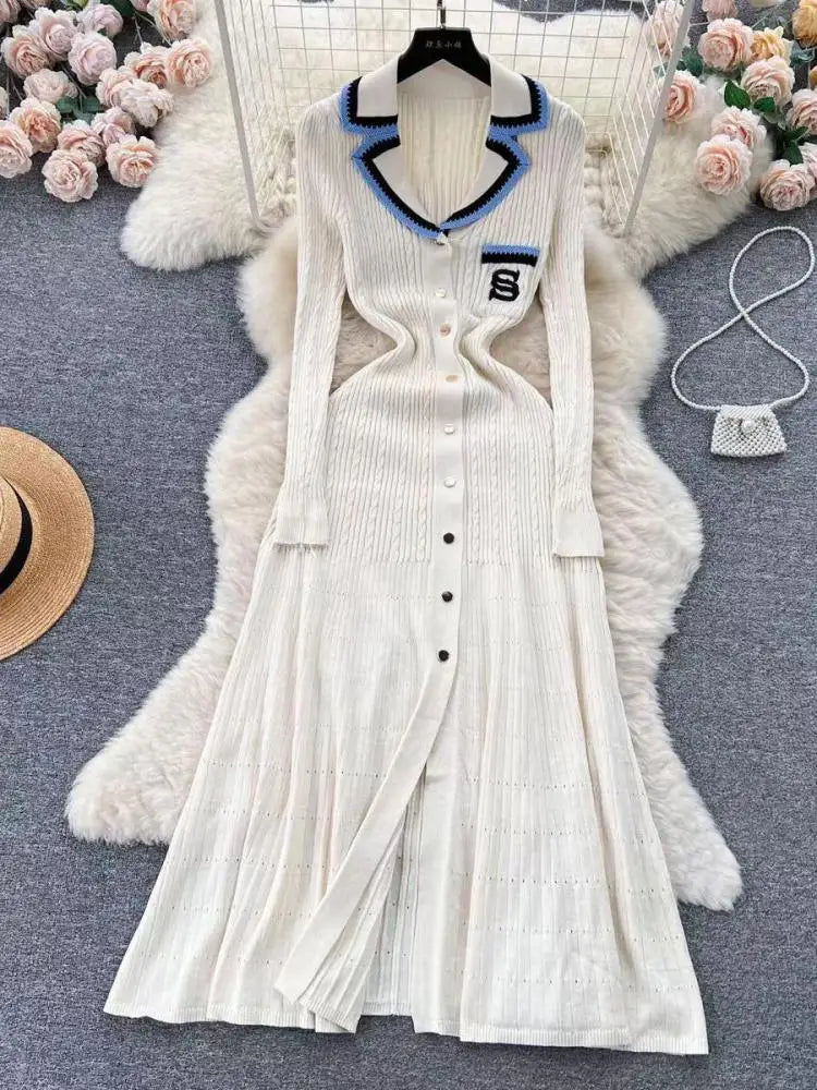Korean Women's Patchwork Elegant Embroidery Slim Long Sleeved Festival Dress Spring Single Breasted Office Lady Knitted Dresses
