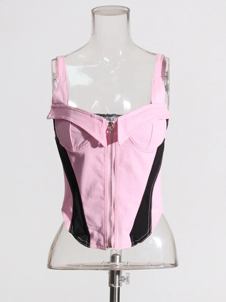 Hit Color Patchwork Denim Tank Tops For Women Square Collar Sleeveless Off Shoulder Summer Vest Female Fashion