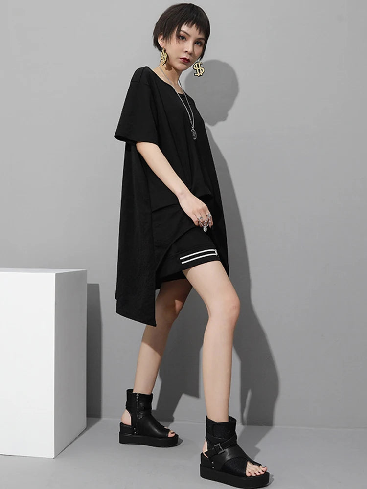 Women White Irregular Hem Big Size Casual Long T-shirt New Round Neck Short Sleeve Fashion Tide Spring Summer 2025 1DJ1802