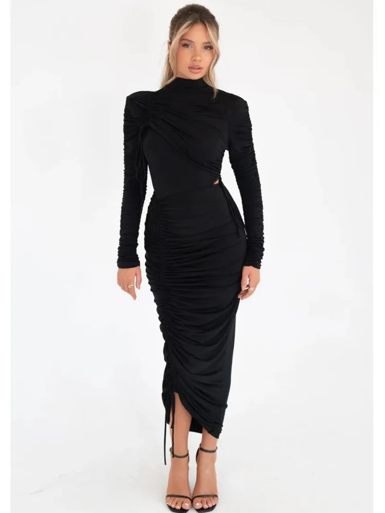 Elegant Long Sleeved Elastic Tight Pleated Maxi Dress Women Slim Party Club Evening Dress Autumn Winter New 2024 Vestido