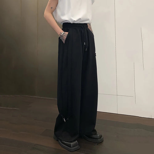 Load image into Gallery viewer, Korean Style Men&#39;s Pants Casual Belt Design Wide Leg Elastic Waist Straight Male Sports Loose Bottom Solid Color 9C6896
