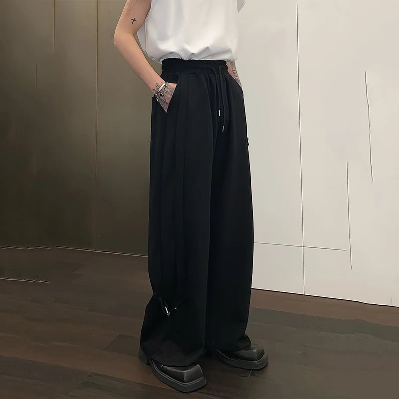 Korean Style Men's Pants Casual Belt Design Wide Leg Elastic Waist Straight Male Sports Loose Bottom Solid Color 9C6896