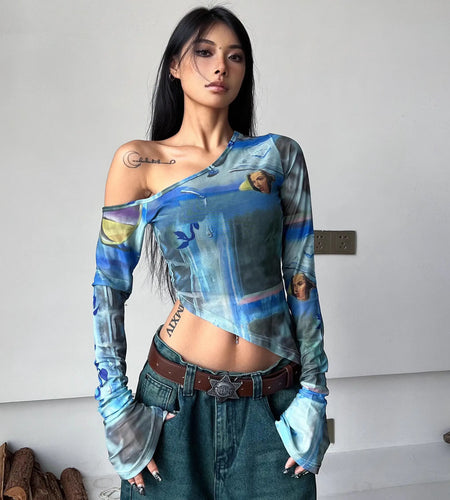 Harajuku Tshirts for Women Crop Tops Off Shoulder Slim Fit Gauze Tees Fashion Summer Y2k T Shirts Irregular Casual Sexy T-shirt