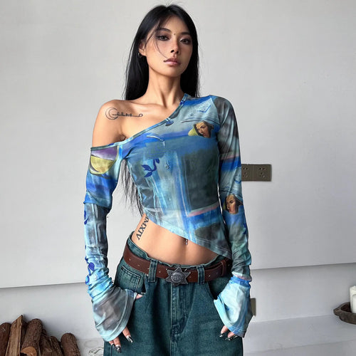 Load image into Gallery viewer, Harajuku Tshirts for Women Crop Tops Off Shoulder Slim Fit Gauze Tees Fashion Summer Y2k T Shirts Irregular Casual Sexy T-shirt
