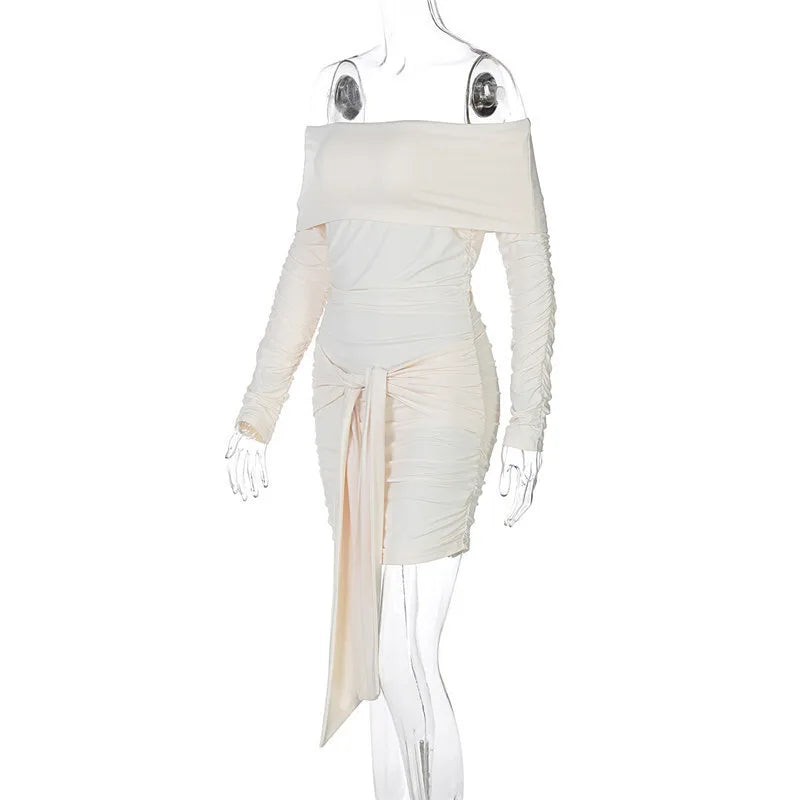 Off-shoulder Long Sleeve Ruched Sexy Mini Dress For Women Fashion Strapless Backless Bodycon Draped Club Dress New