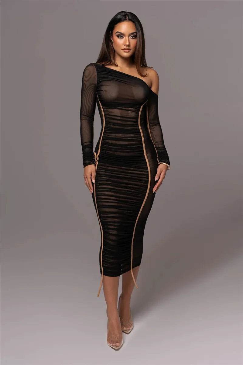 Diagonal Collar Long Sleeve Midi Dress For Women Two Layer Mesh Backless Ruched Bodycon Club Party Sexy Long Dress