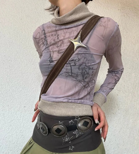 Japanese Y2k Mesh Knitted Tops Vintage Tattoo Print See Through T-shirt Grunge Aesthetics Turtleneck Sheer Tops Harajuku