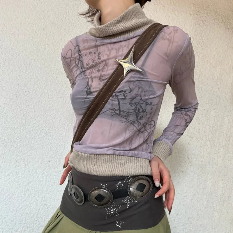 Japanese Y2k Mesh Knitted Tops Vintage Tattoo Print See Through T-shirt Grunge Aesthetics Turtleneck Sheer Tops Harajuku