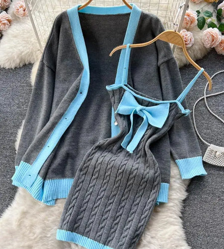 Autumn Winter Patchwork Knit Sweater Suit Single Breasted Cardigan Top+ Strap Bow Twist Bodycon Slip Dress Women Warm Sets Trend