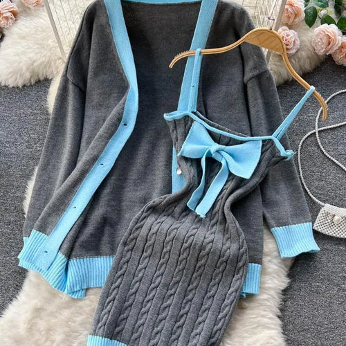 Load image into Gallery viewer, Autumn Winter Patchwork Knit Sweater Suit Single Breasted Cardigan Top+ Strap Bow Twist Bodycon Slip Dress Women Warm Sets Trend
