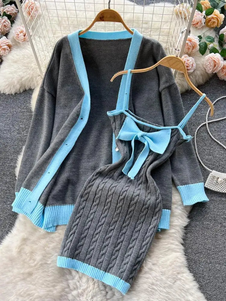 Autumn Winter Patchwork Knit Sweater Suit Single Breasted Cardigan Top+ Strap Bow Twist Bodycon Slip Dress Women Warm Sets Trend